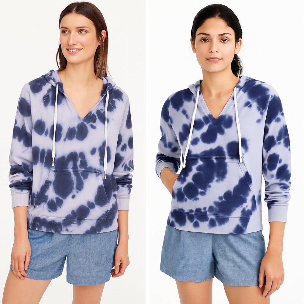 J. Crew Blue and White Tie-Dye V-Neck Hoodie